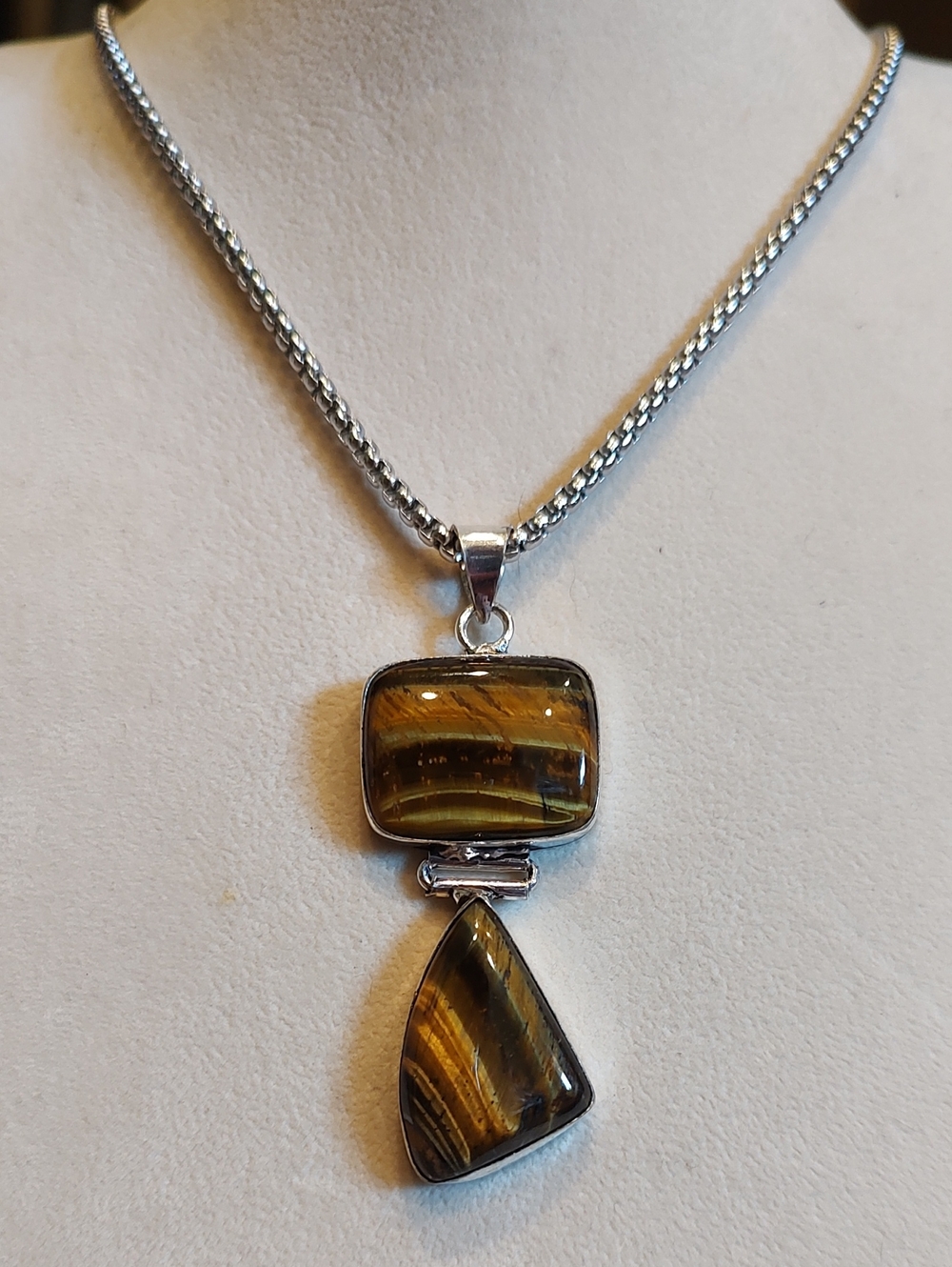 Beautiful Two Stone Tigers Eye Pendant Marked 925 With Stainless Chain 24"